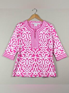 Gretchen Scott Women’s L Pink White Ikat Tunic Top 3/4 Sleeve Cotton Stretch
